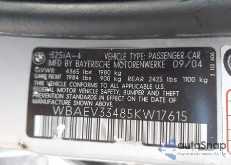 2005 BMW 325I I from USA, damaged, VIN WBAEV33485KW17615